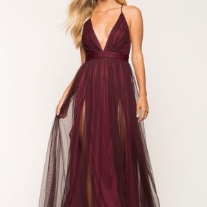 Agaci Maroon Prom Mesh Gown Dress